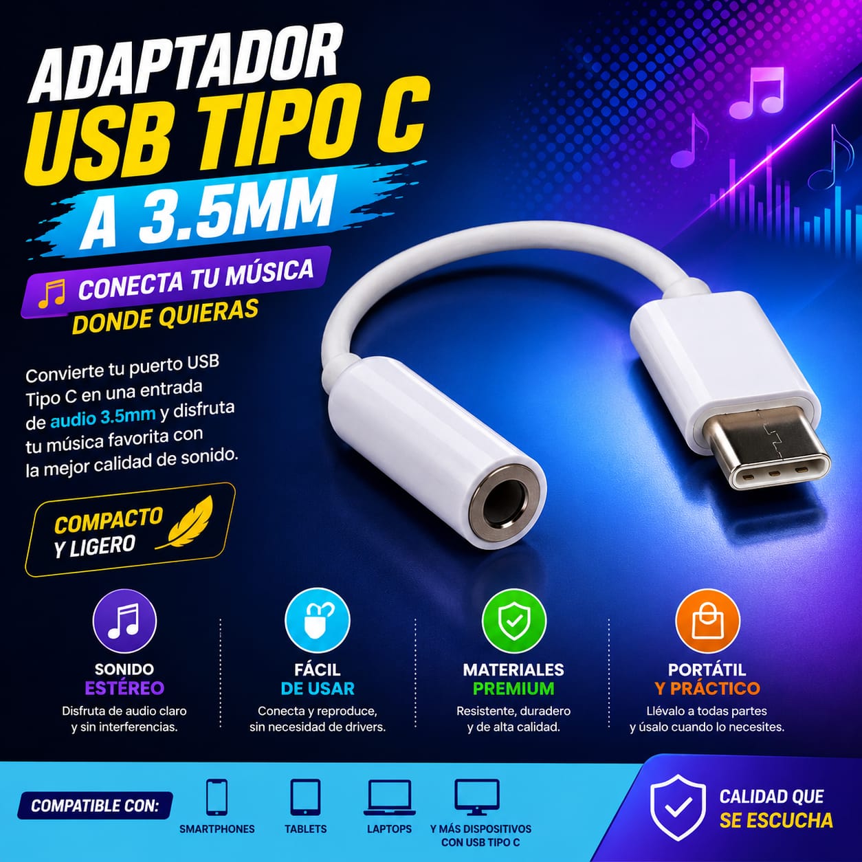 Adaptador USB Tipo C a Jack 3.5mm Audio Estéreo para Celular
